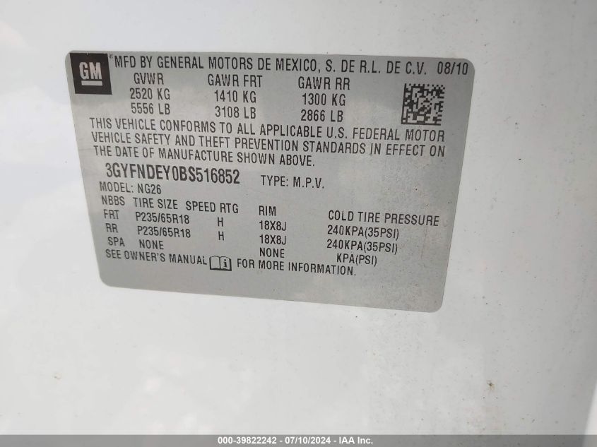 2011 Cadillac Srx Luxury Collection VIN: 3GYFNDEY0BS516852 Lot: 39822242