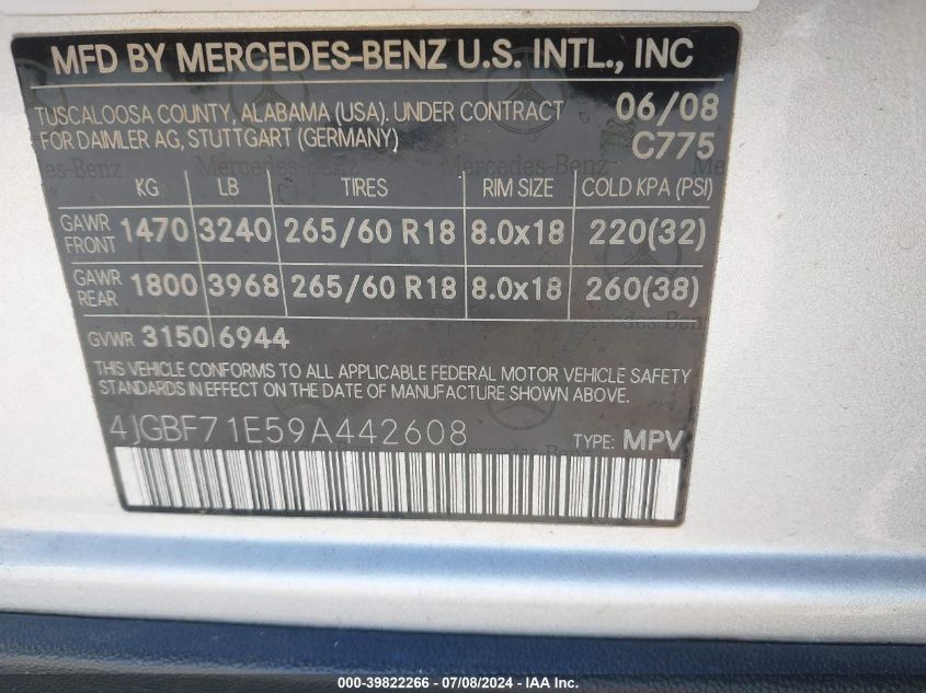 2009 Mercedes-Benz Gl 450 4Matic VIN: 4JGBF71E59A442608 Lot: 39822266