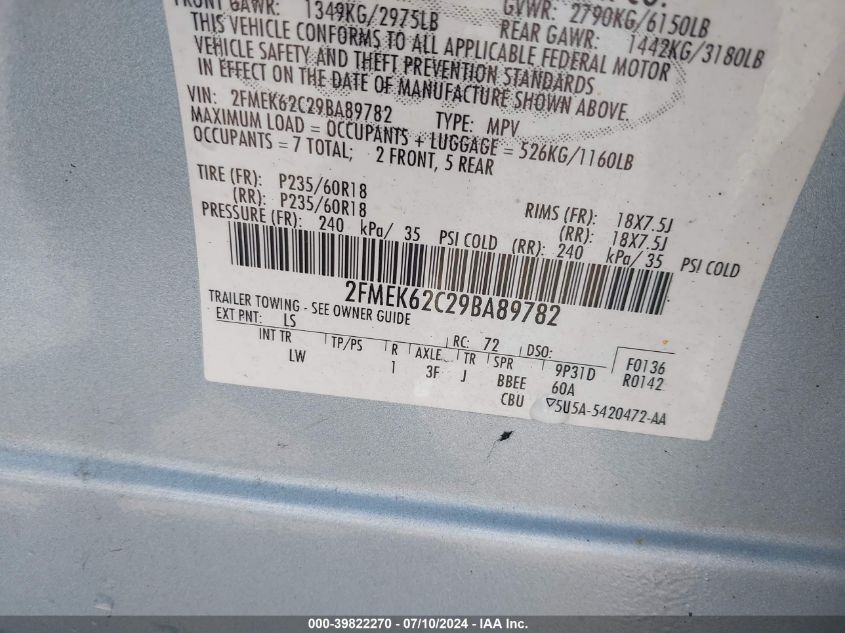 2009 Ford Flex Sel VIN: 2FMEK62C29BA89782 Lot: 39822270