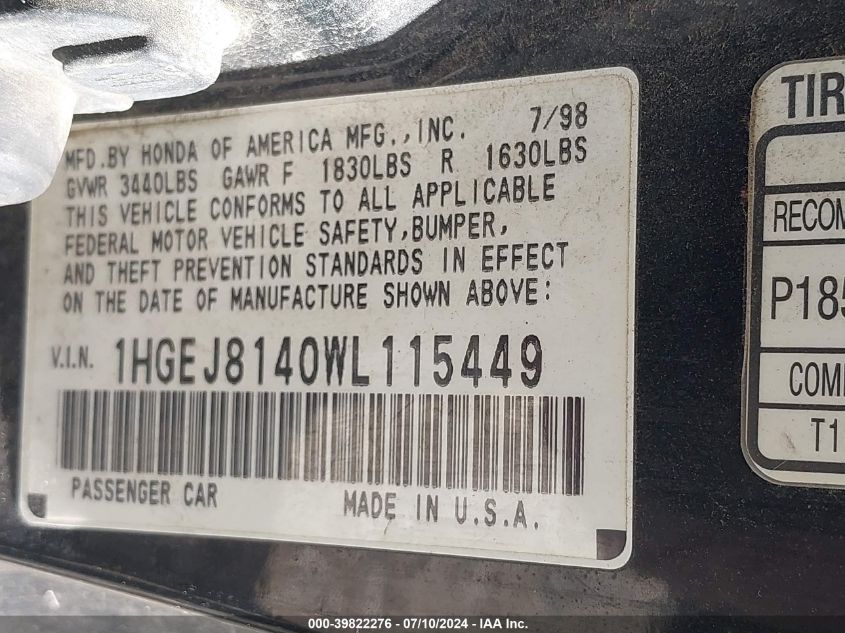 1998 Honda Civic Ex VIN: 1HGEJ8140WL115449 Lot: 39822276