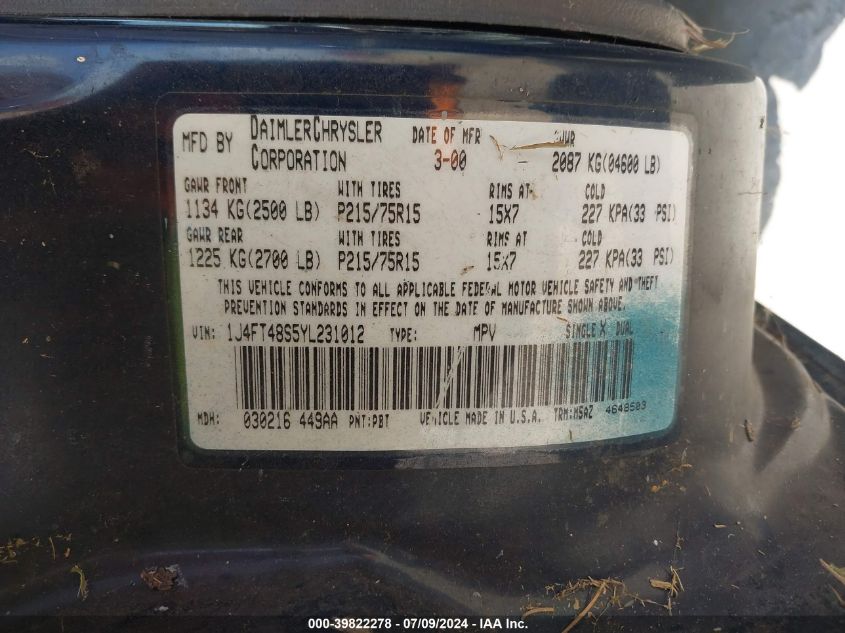 2000 Jeep Cherokee Sport VIN: 1J4FT48S5YL231012 Lot: 39822278