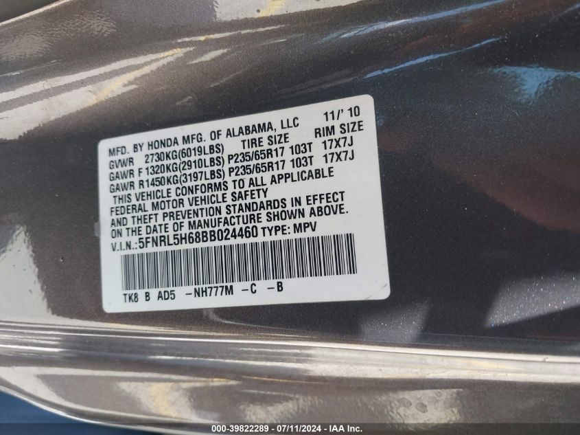 2011 Honda Odyssey Ex-L VIN: 5FNRL5H68BB024460 Lot: 39822289