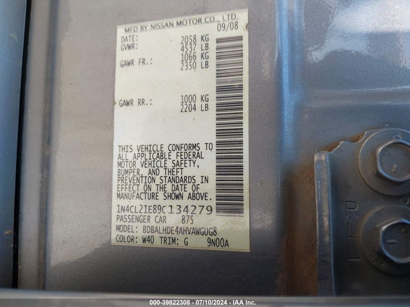 2009 Nissan Altima Hybrid VIN: 1N4CL21E89C134279 Lot: 39822308