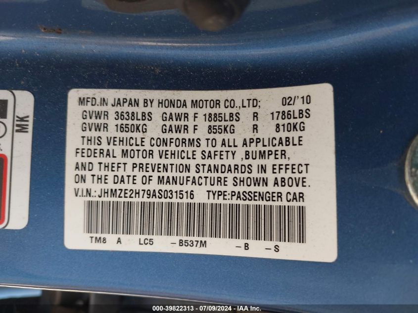 JHMZE2H79AS031516 2010 Honda Insight Ex