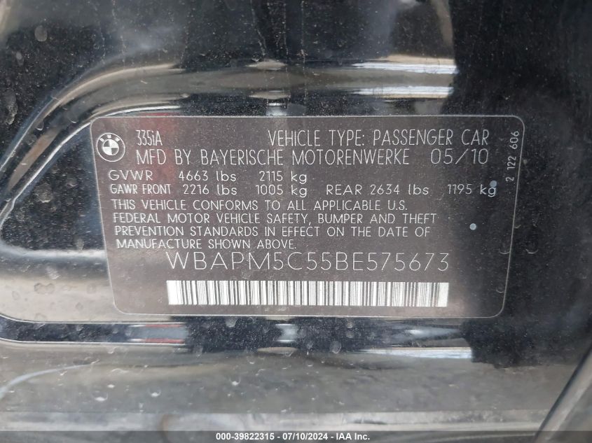 2011 BMW 335 I VIN: WBAPM5C55BE575673 Lot: 39822315