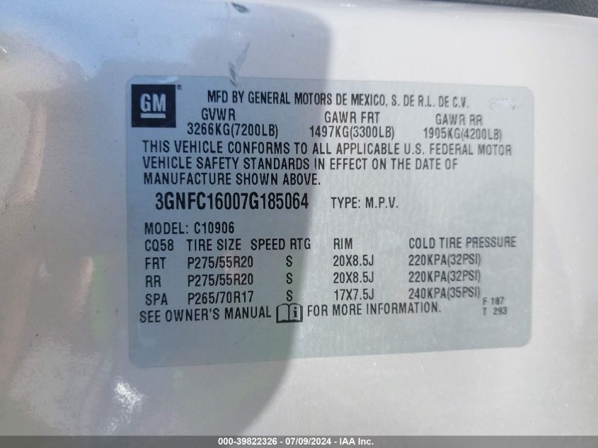 2007 Chevrolet Suburban 1500 Ltz VIN: 3GNFC16007G185064 Lot: 39822326