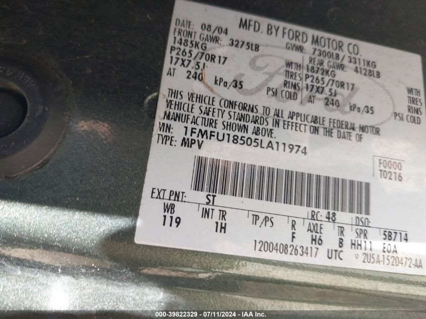 2005 Ford Expedition Eddie Bauer/King Ranch VIN: 1FMFU18505LA11974 Lot: 39822329