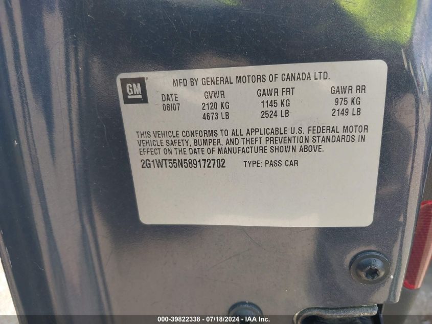 2008 Chevrolet Impala Lt VIN: 2G1WT55N589172702 Lot: 39822338