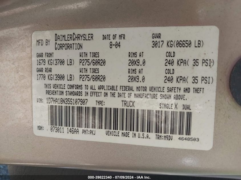 2005 Dodge Ram 1500 Slt/Laramie VIN: 1D7HA18N35S107907 Lot: 39822340