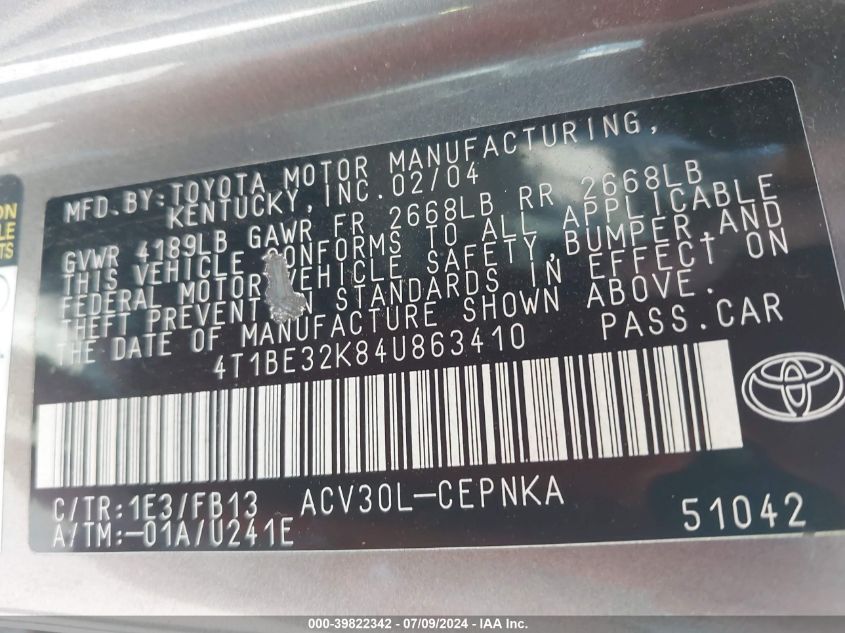 2004 Toyota Camry Le VIN: 4T1BE32K84U863410 Lot: 39822342
