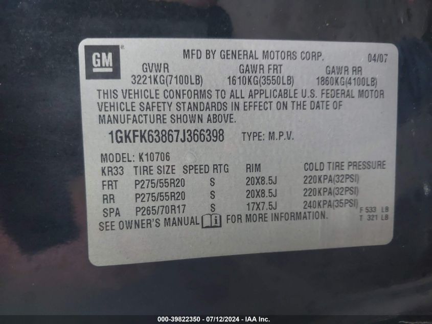 2007 GMC Yukon Denali VIN: 1GKFK63867J366398 Lot: 39822350