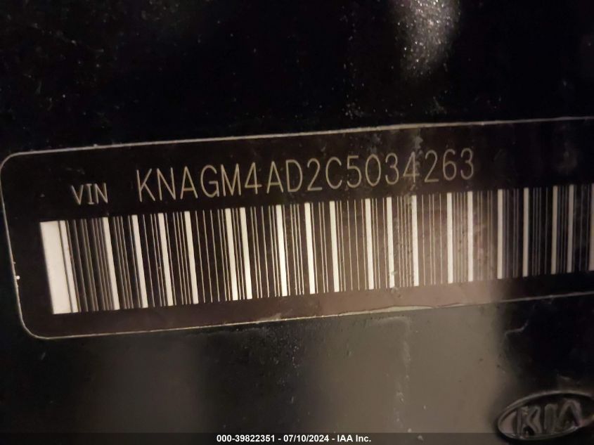 2012 Kia Optima Hybrid VIN: KNAGM4AD2C5034263 Lot: 39822351