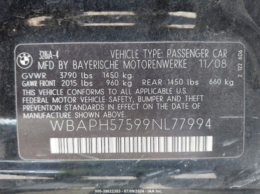 2009 BMW 328I VIN: WBAPH57599NL77994 Lot: 39822353