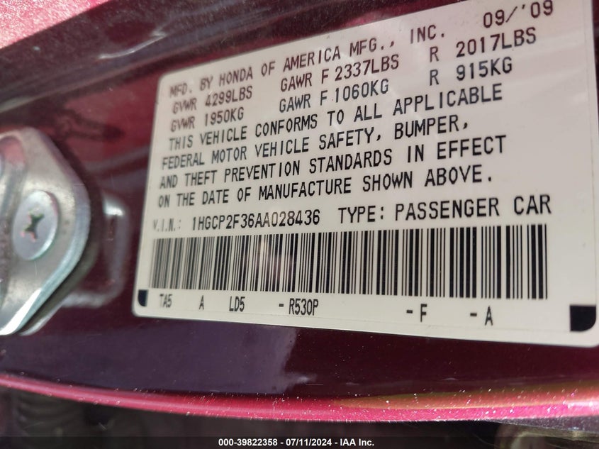 2010 Honda Accord 2.4 Lx VIN: 1HGCP2F36AA028436 Lot: 39822358