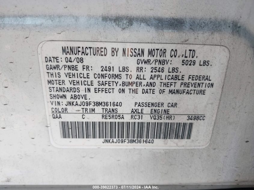 2008 Infiniti Ex35 Journey VIN: JNKAJ09F38M361640 Lot: 39822373