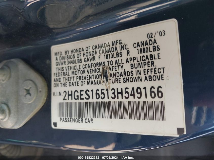 2003 Honda Civic Lx VIN: 2HGES16513H549166 Lot: 39822382