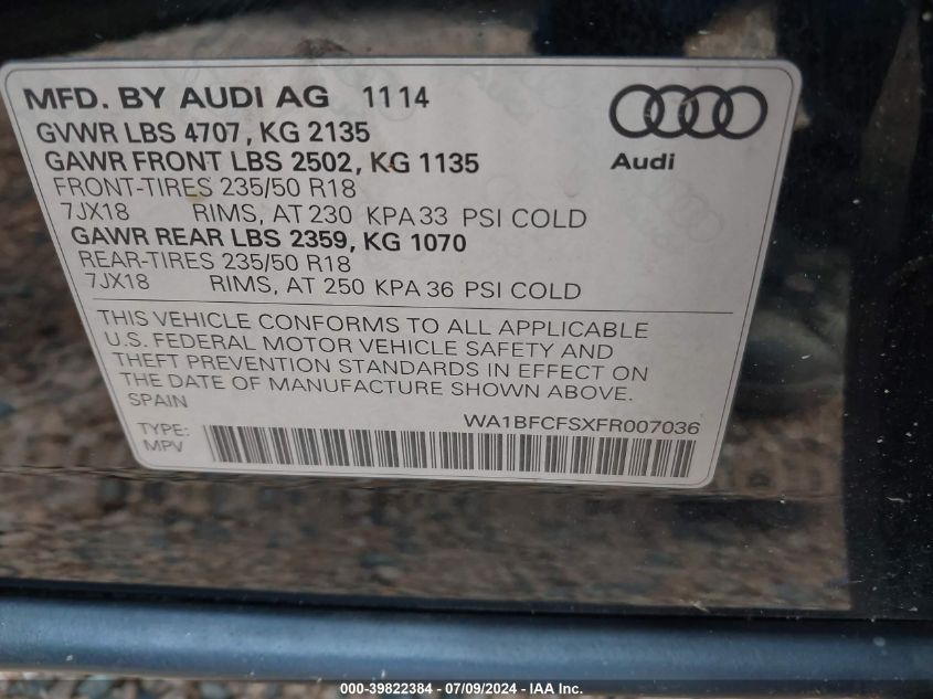 2015 Audi Q3 2.0T Premium Plus VIN: WA1BFCFSXFR007036 Lot: 39822384