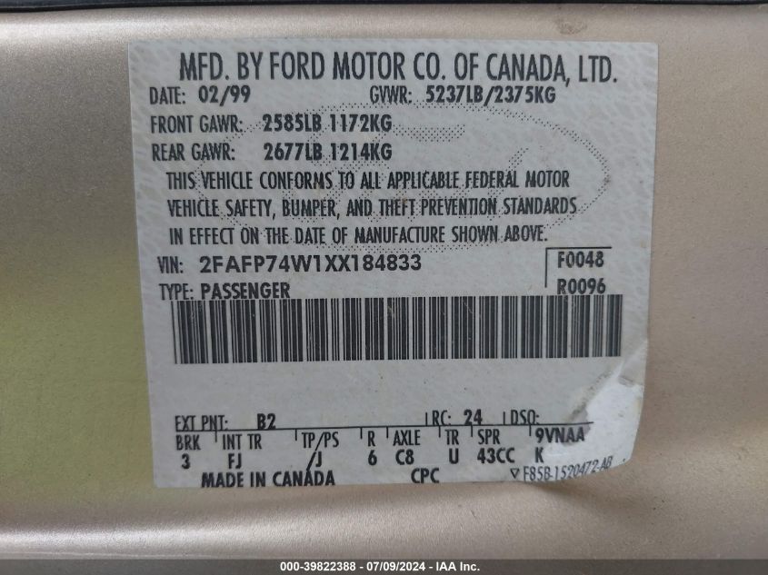 1999 Ford Crown Victoria Lx VIN: 2FAFP74W1XX184833 Lot: 39822388