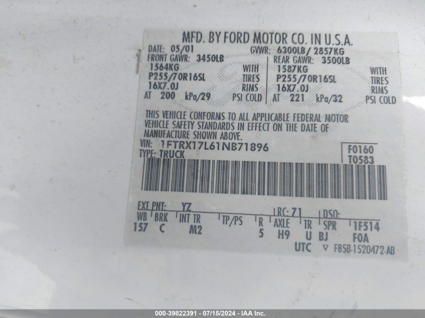 2001 Ford F-150 Lariat/Xl/Xlt VIN: 1FTRX17L61NB71896 Lot: 39822391