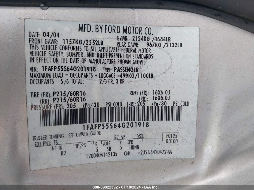 2004 Ford Taurus Ses VIN: 1FAFP55S64G201918 Lot: 39822392