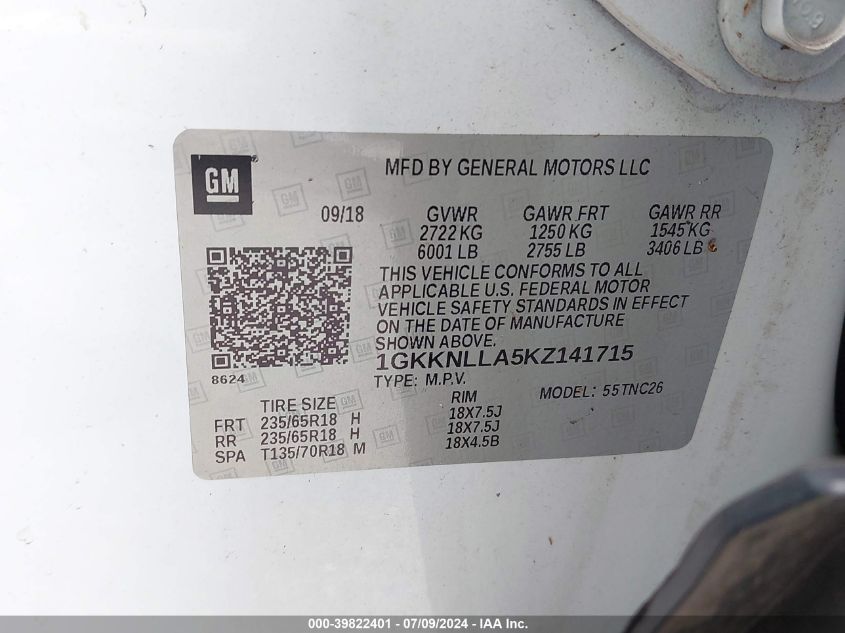 2019 GMC Acadia Sle VIN: 1GKKNLLA5KZ141715 Lot: 39822401
