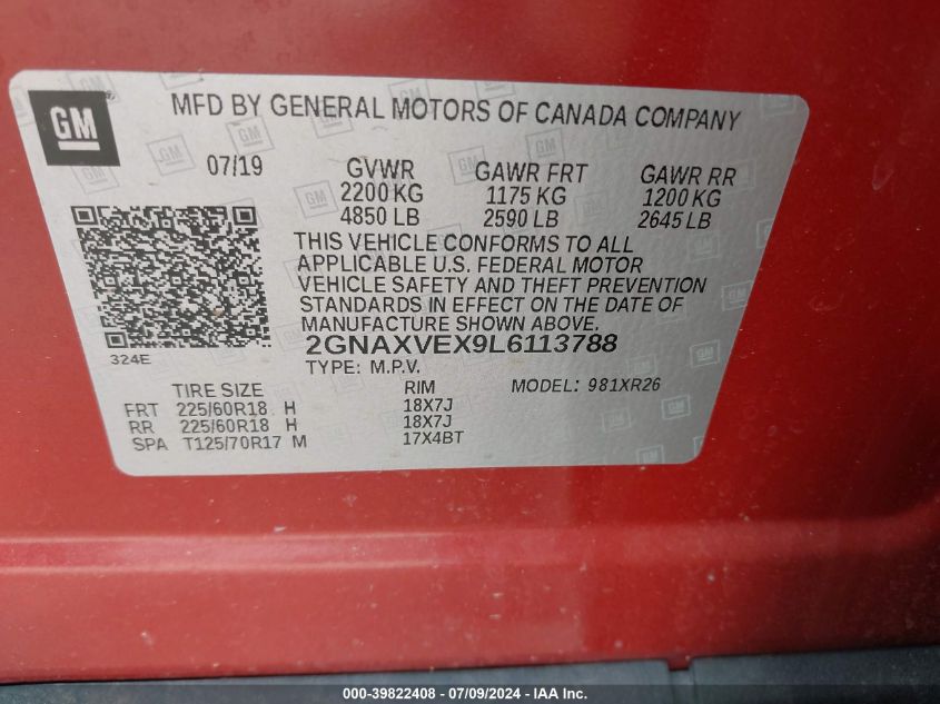 2020 Chevrolet Equinox Awd Lt 2.0L Turbo VIN: 2GNAXVEX9L6113788 Lot: 39822408