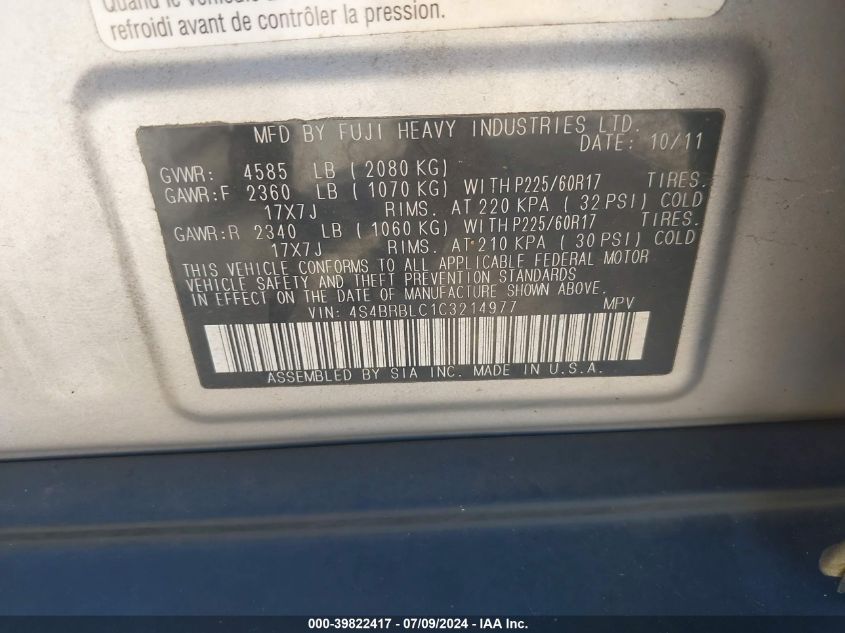 2012 Subaru Outback 2.5I Limited VIN: 4S4BRBLC1C3214977 Lot: 39822417