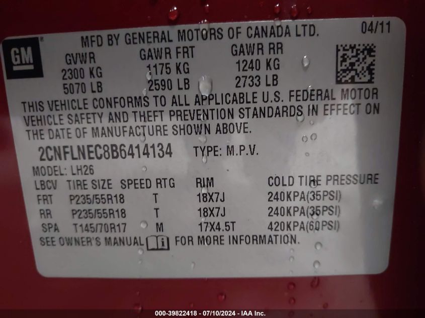 2011 Chevrolet Equinox 2Lt VIN: 2CNFLNEC8B6414134 Lot: 39822418