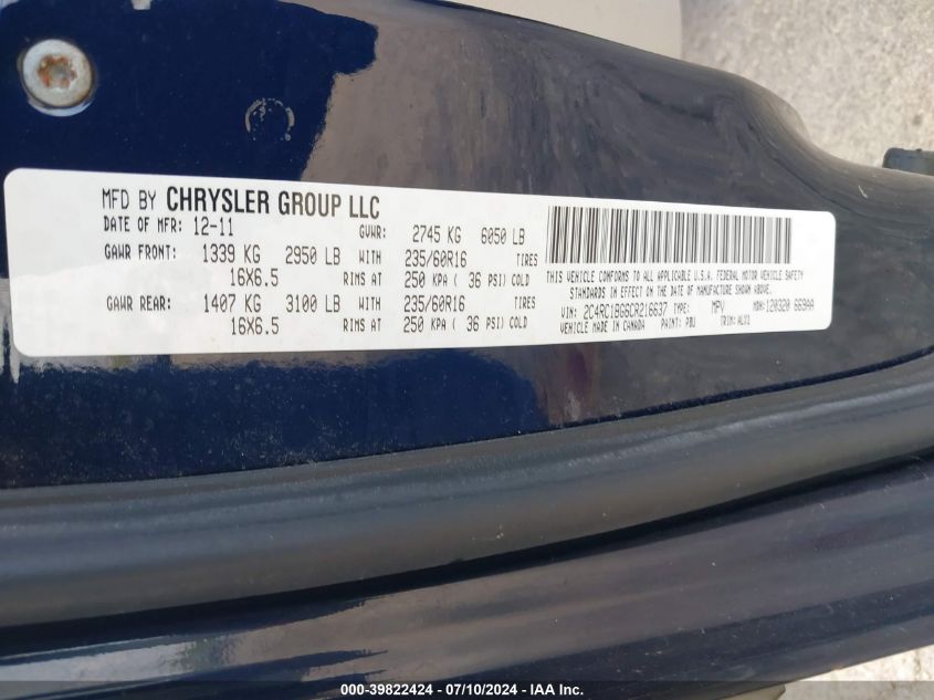 2012 Chrysler Town & Country Touring VIN: 2C4RC1BG6CR216637 Lot: 39822424