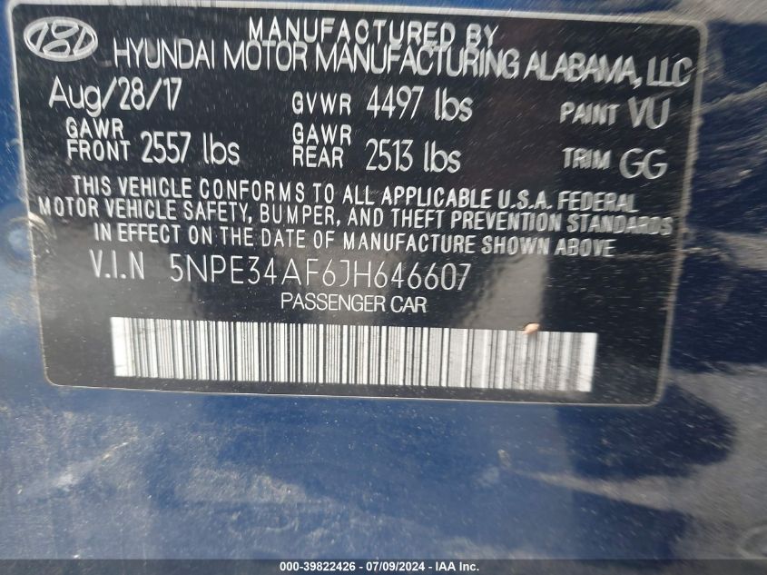 2018 Hyundai Sonata Sel VIN: 5NPE34AF6JH646607 Lot: 39822426