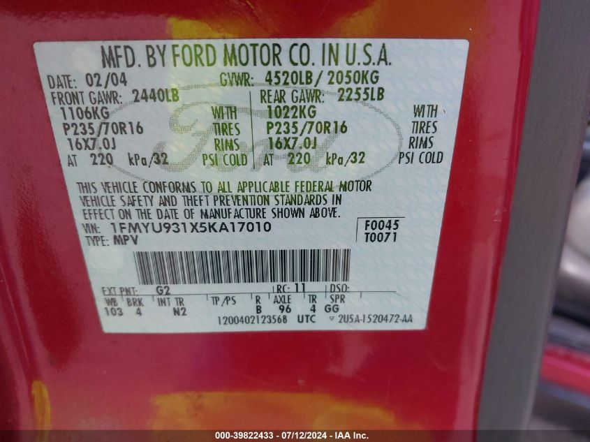 2005 Ford Escape Xlt VIN: 1FMYU931X5KA17010 Lot: 39822433