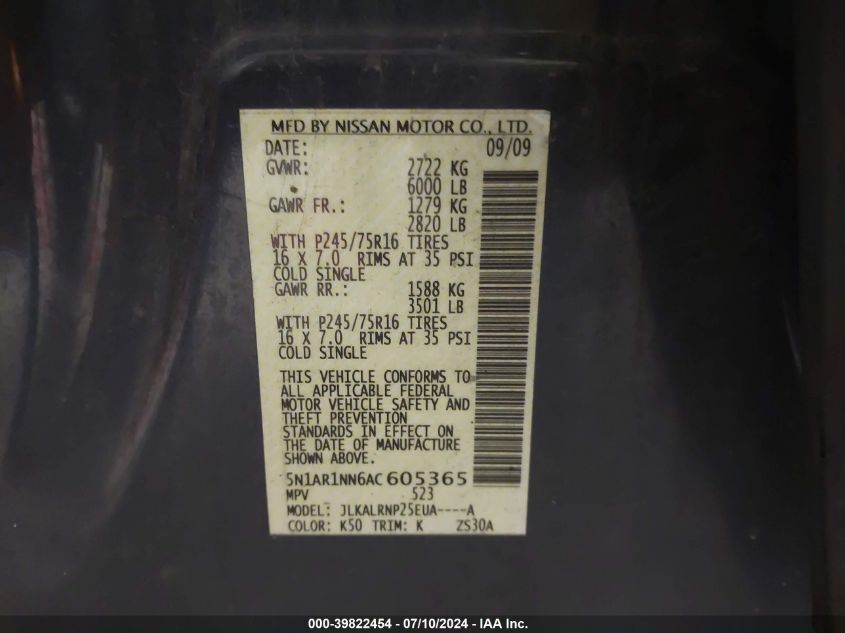 2010 Nissan Pathfinder S Fe+ VIN: 5N1AR1NN6AC605365 Lot: 39822454