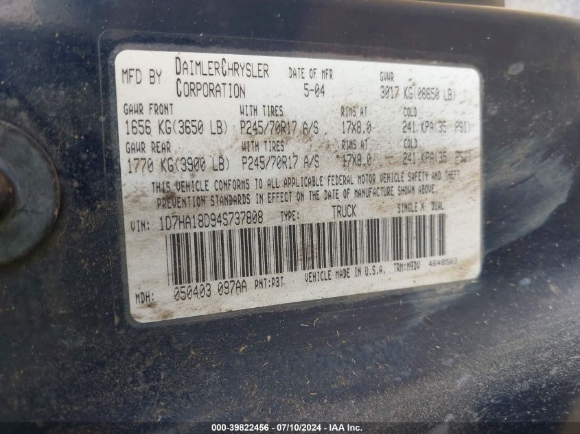 2004 Dodge Ram 1500 St/Slt VIN: 1D7HA18D94S737808 Lot: 39822456
