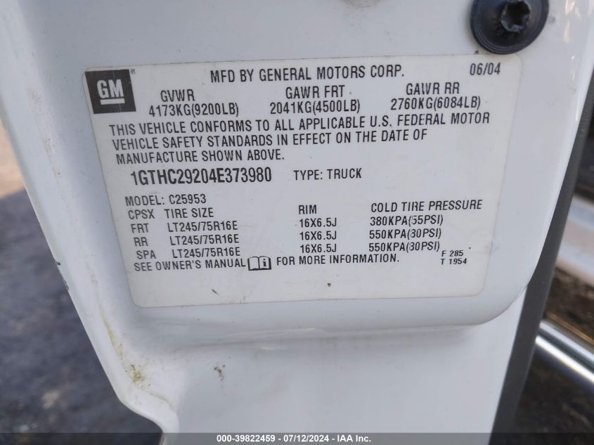 2004 GMC Sierra C2500 Heavy Duty VIN: 1GTHC29204E373980 Lot: 39822459