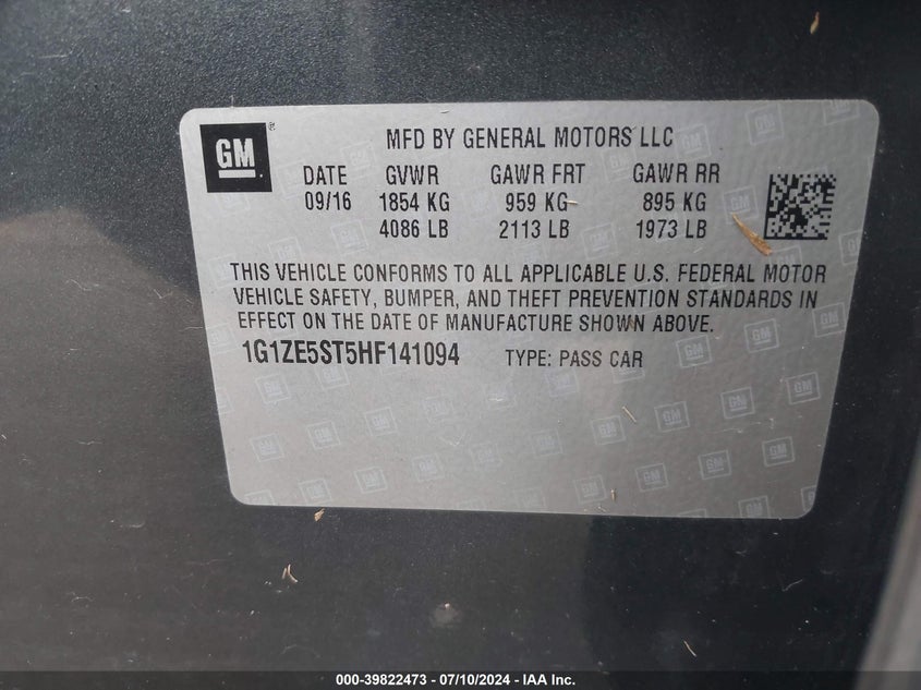2017 Chevrolet Malibu 1Lt VIN: 1G1ZE5ST5HF141094 Lot: 39822473