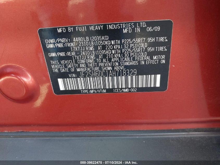 2010 Subaru Forester 2.5X Limited VIN: JF2SH6DC1AH718329 Lot: 39822475