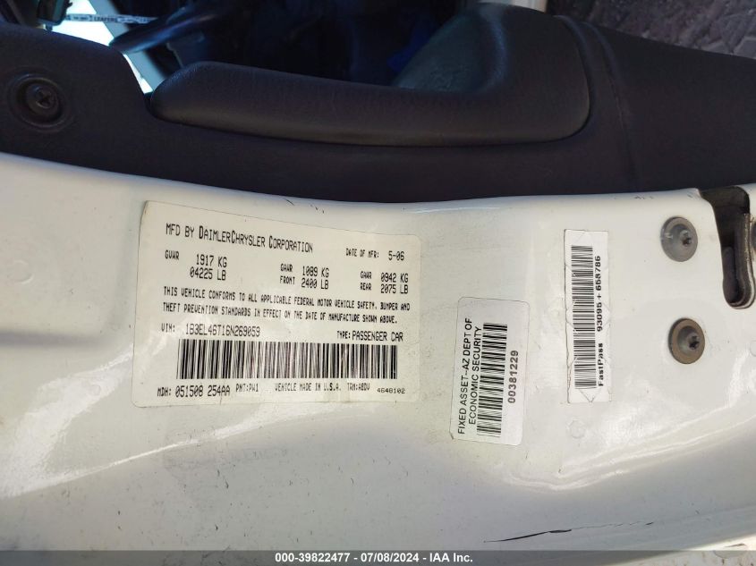 2006 Dodge Stratus Sxt VIN: 1B3EL46T16N269059 Lot: 39822477