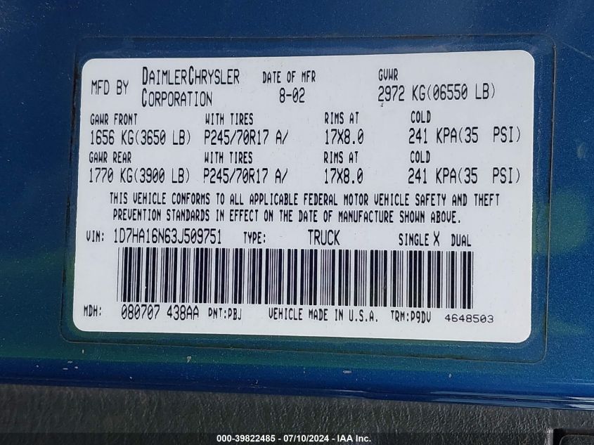 2003 Dodge Ram 1500 St/Slt VIN: 1D7HA16N63J509751 Lot: 39822485