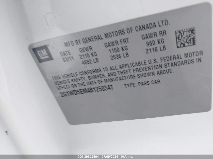 2011 Chevrolet Impala Police VIN: 2G1WD5EM4B1250347 Lot: 39822504