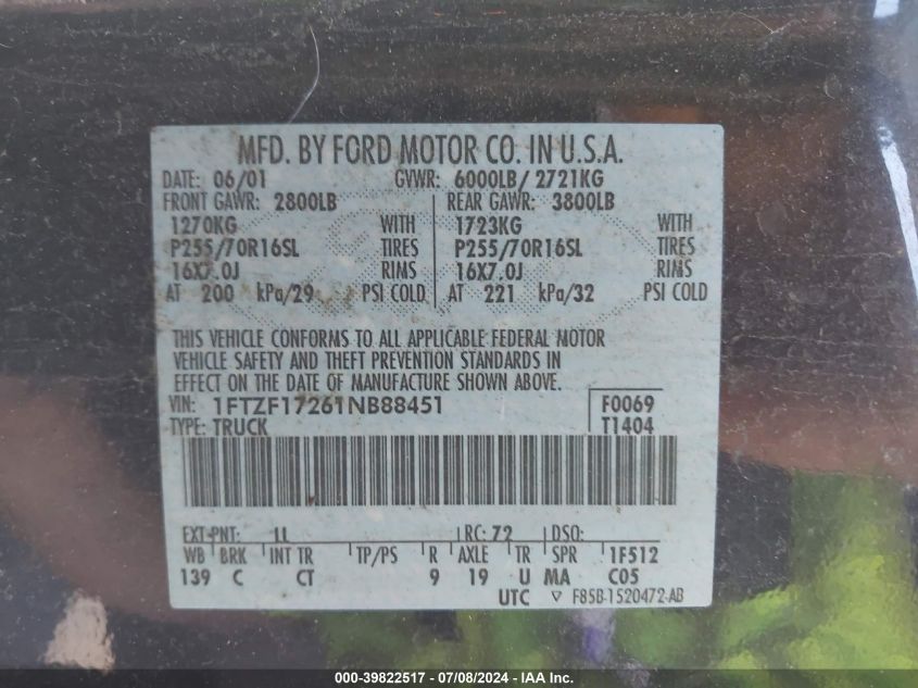 2001 Ford F-150 Xl/Xlt VIN: 1FTZF17261NB88451 Lot: 39822517