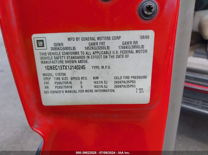 2001 Chevrolet Tahoe Lt VIN: 1GNEC13TX1J140245 Lot: 39822525