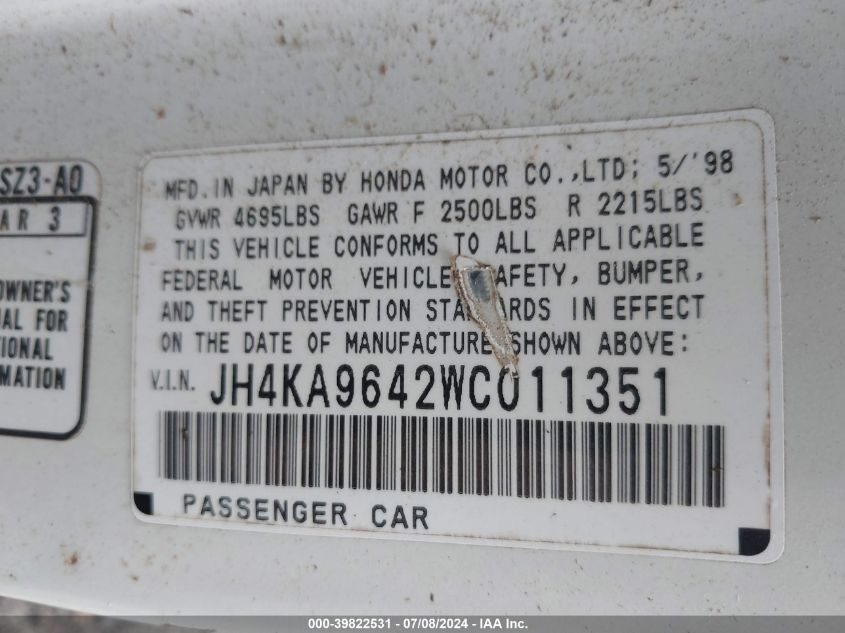 1998 Acura Rl 3.5 VIN: JH4KA9642WC011351 Lot: 39822531