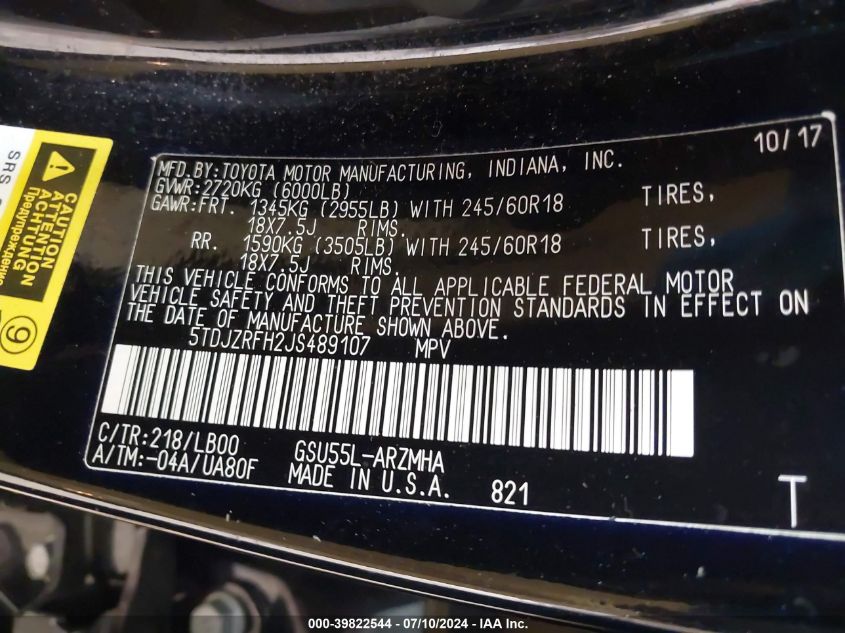 2018 Toyota Highlander Se/Xle VIN: 5TDJZRFH2JS489107 Lot: 39822544