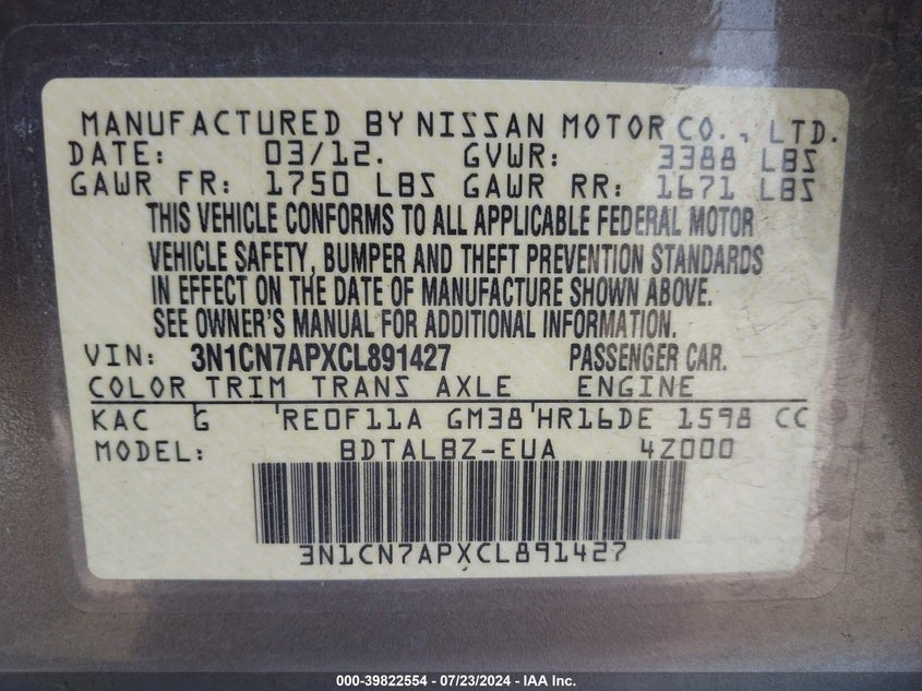 2012 Nissan Versa 1.6 Sv VIN: 3N1CN7APXCL891427 Lot: 39822554