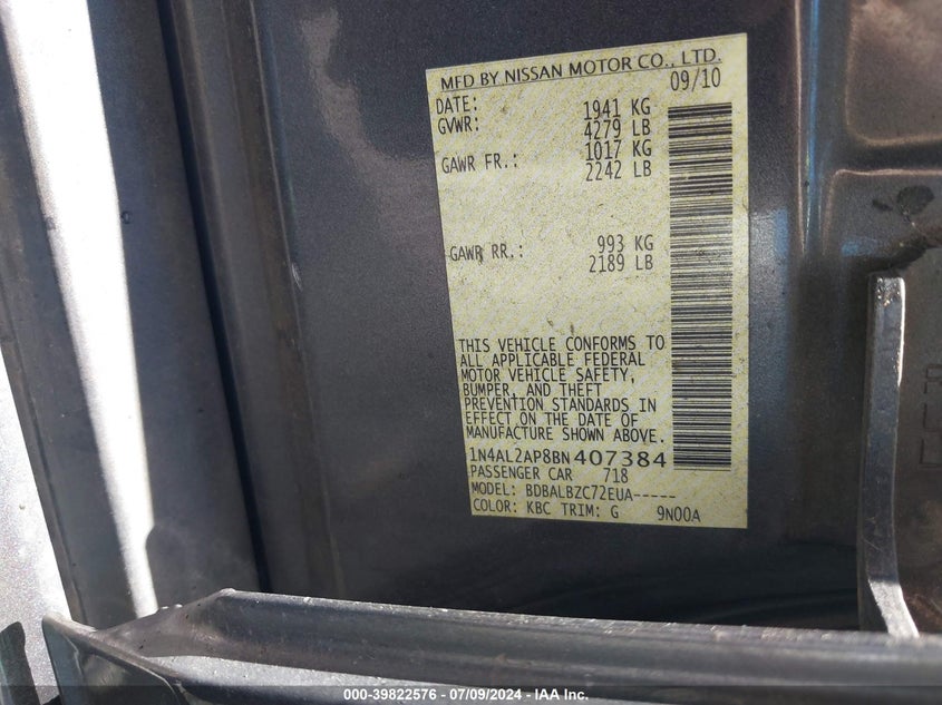 2011 Nissan Altima 2.5 S VIN: 1N4AL2AP8BN407384 Lot: 39822576