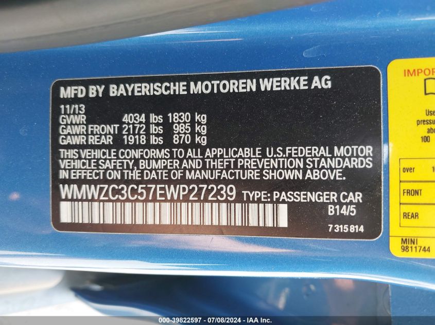 2014 Mini Countryman Cooper S VIN: WMWZC3C57EWP27239 Lot: 39822597