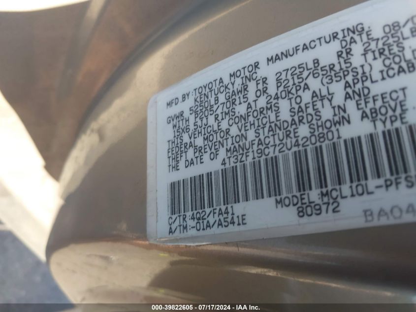 2002 Toyota Sienna Ce VIN: 4T3ZF19C72U420801 Lot: 39822605