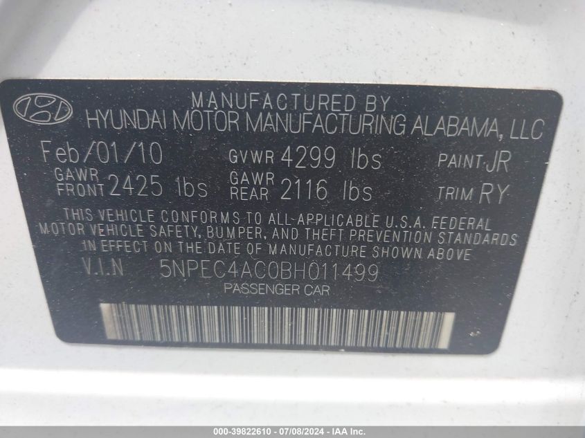 2011 Hyundai Sonata Limited VIN: 5NPEC4AC0BH011499 Lot: 39822610