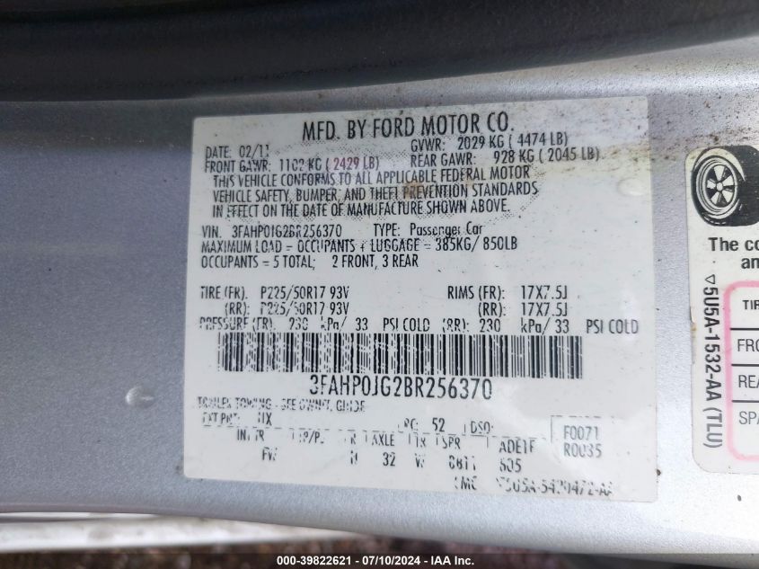 2011 Ford Fusion Sel VIN: 3FAHP0JG2BR256370 Lot: 39822621