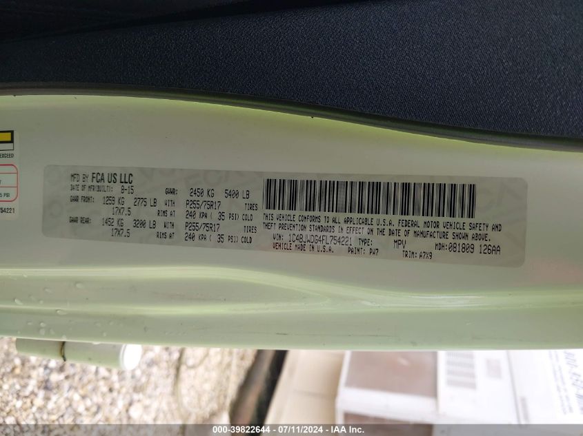 2015 Jeep Wrangler Unlimited Sport VIN: 1C4BJWDG4FL754221 Lot: 39822644